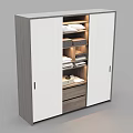 Modern Wardrobe With White And Gray Double Doors Drawers Shelves Folded Clothes And Storage Boxes