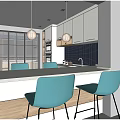 Modern Tea Room With White Cabinets Blue Tile Backsplash Bar Counter Green Stools Hanging Lights