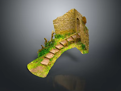 Ancient Stone Wall Scenery With Grass Covered Stone Steps And Wooden Fence 3d model