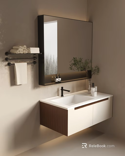 Modern Bathroom Vanity With White Basin Black Faucet Wood White Cabinet Mirror And Green Plant 3d model 