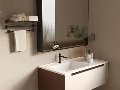 Modern Bathroom Vanity With White Basin Black Faucet Wood White Cabinet Mirror And Green Plant 3d model
