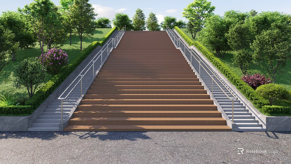 Outdoor Brown Wooden Stairs with Steps and Metal Railings Surrounded by Green Trees and Grass 3d model 