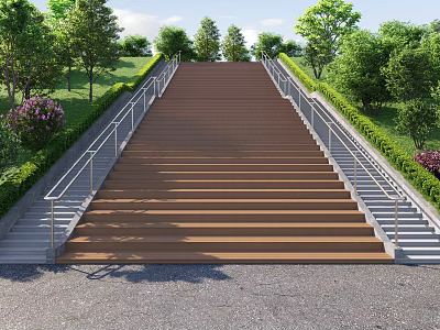 Outdoor Brown Wooden Stairs with Steps and Metal Railings Surrounded by Green Trees and Grass 3d model