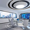 Modern Conference Room Featuring Circular Table Multiple Chairs Large Tech Screen And City View Windows 3d model