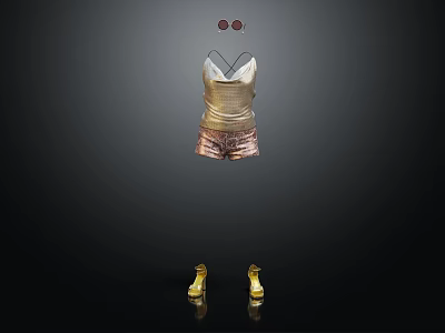 Stylish Gold Camisole With Sequined Shorts And High Heel Shoes 3d model