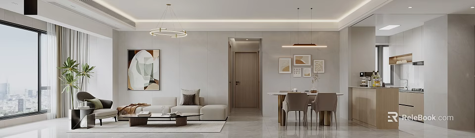 Modern Living and Dining Room Interior with Light Sofa Dining Table and Pendant Lights 3d model