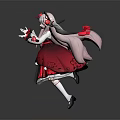Anime Game Character With Pink Long Hair Red Black Dress And White Pom Pom Decorations