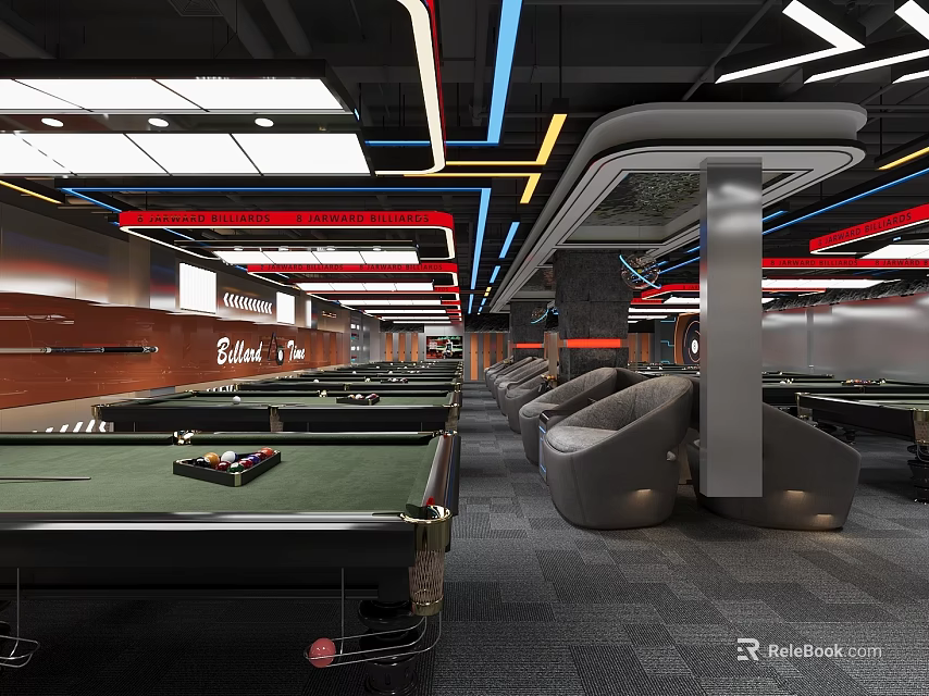 Modern Billiard Room With Multiple Pool Tables Grey Lounge Chairs And Colorful Ceiling Lights 3d model 