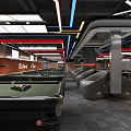 Modern Billiard Room With Multiple Pool Tables Grey Lounge Chairs And Colorful Ceiling Lights