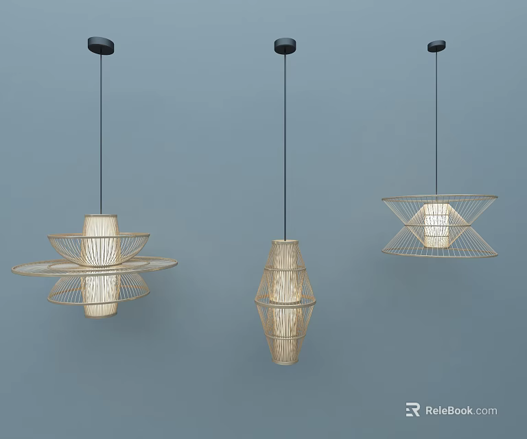 Three Modern Woven Pendant Lights With Different Designs On Light Blue Background 3d model