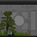Chinese Style Scenic Wall Featuring Gray Circular Hollow Design Tile Decoration Green Plants And Stones