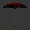 Outdoor Patio Furniture Umbrella With Red And Black Patterned Canopy And Red Handle