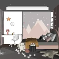 Kids Room Interior With Pink Grey Walls Star Mountain Decor Desk Chair And Stuffed Toys