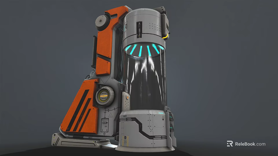 Futuristic Sci Fi Mechanical Device With Orange Gray Components And Blue Illuminated Ring 3d model 
