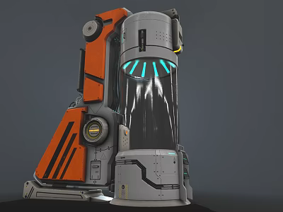 Futuristic Sci Fi Mechanical Device With Orange Gray Components And Blue Illuminated Ring 3d model
