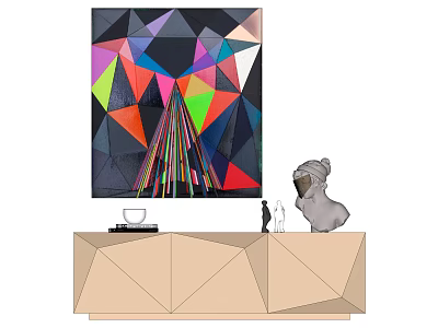 Colorful Geometric Painting Above Modern Geometric Cabinet With Sculpture And Decorative Items 3d model