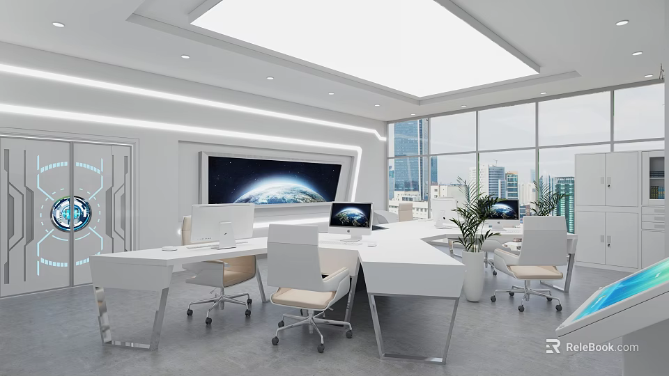 Open Modern Public Office Workspace With White Desks Computers Plants And Floor To Ceiling Windows 3d model 