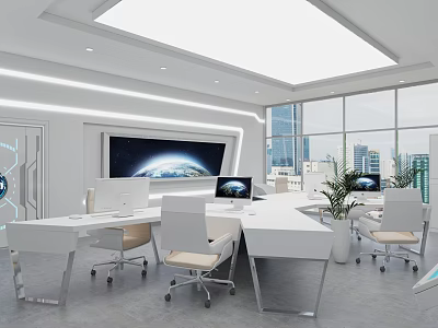 Open Modern Public Office Workspace With White Desks Computers Plants And Floor To Ceiling Windows 3d model