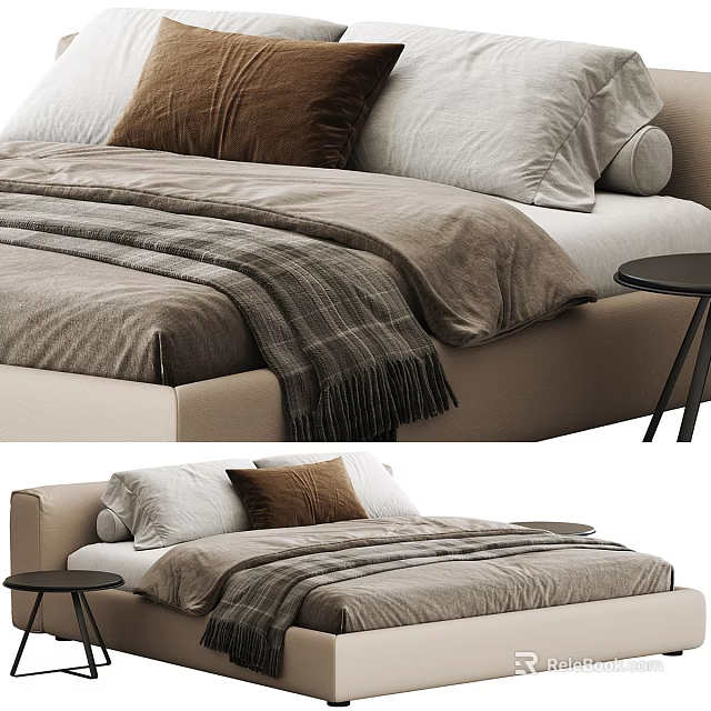 Cozy Double Bed With Brown And White Pillows Gray Blanket And Side Table 3d model 