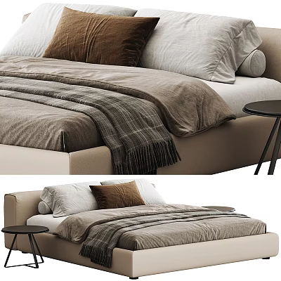 Cozy Double Bed With Brown And White Pillows Gray Blanket And Side Table 3d model