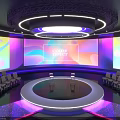 Modern Studio Setup With Large Color Effect Screens Round Stage And Chairs 3d model