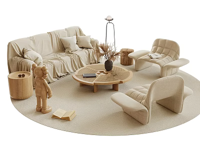 Beige Sofa Coffee Table Set With Wooden Accents Armchair And Floor Lamp On Rug 3d model
