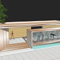 Modern Architectural Exterior With Glass Curtain Wall Green Tree Swimming Pool And City Skyline View