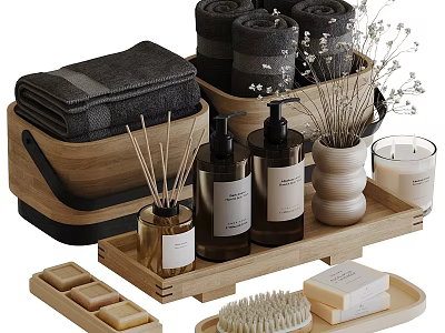Natural Bathroom Washing Essentials With Black Towels Wooden Baskets Soap Bottles And Candles 3d model