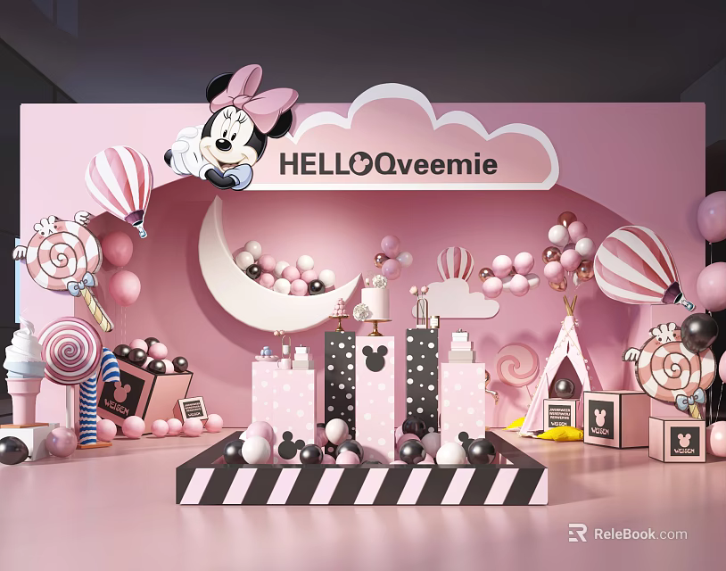 Pink Themed Party Decoration With Minnie Mouse Balloons Lollipops Cake And HELLO Qveemie Sign 3d model 
