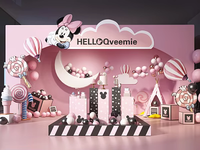 Pink Themed Party Decoration With Minnie Mouse Balloons Lollipops Cake And HELLO Qveemie Sign 3d model