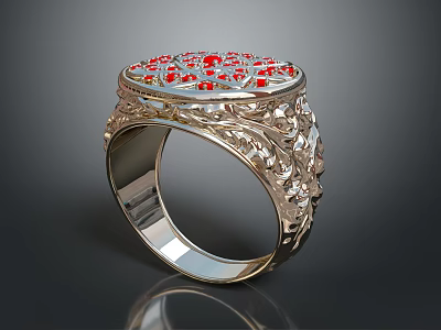 Exquisite Delicate Jewelry Ring Featuring Red Gemstones White Stones and Intricate Carved Patterns 3d model
