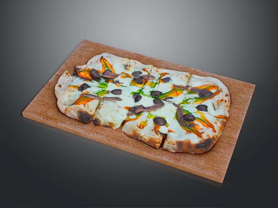 Delicious Homemade Pizza Topped With Fresh Vegetables Olives And Melted Cheese On Wooden Serving Board 3d model