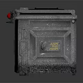 Industrial Metal Equipment Component With Red Button Yellow Warning Label And Vent Grilles