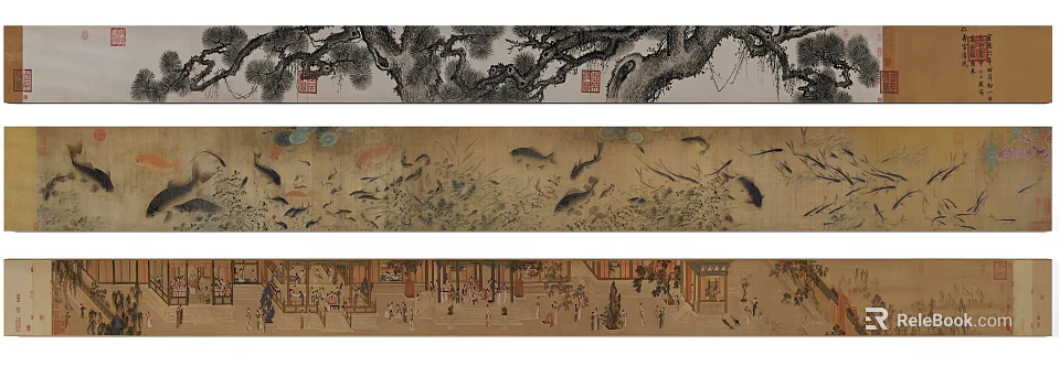 Traditional Chinese Animal Painting Featuring Fish And Aquatic Plants On Ancient Scroll 3d model 
