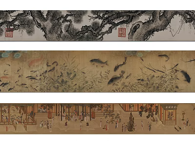 Traditional Chinese Animal Painting Featuring Fish And Aquatic Plants On Ancient Scroll 3d model