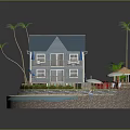 Cartoon Scene of Blue Roof Beach House with Palm Trees Waves Umbrella and Deck Chairs