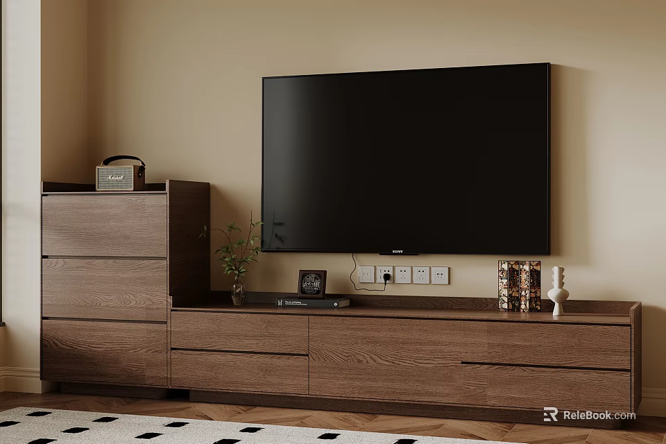 Wooden TV Stand with Drawers Including Wall Mounted TV Potted Plant Photo Frame Decorative Items 3d model 
