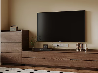 Wooden TV Stand with Drawers Including Wall Mounted TV Potted Plant Photo Frame Decorative Items 3d model