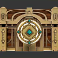 Ornate Wooden Treasure Chest With Golden Accents Glowing Blue Gem And Intricate Patterns