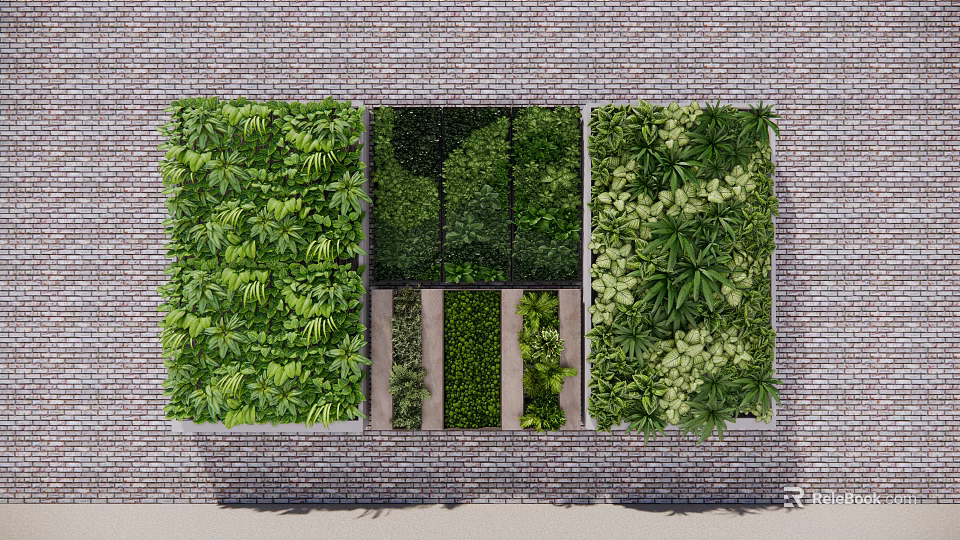 Green Wall With Varied Plant Sections And Brick Wall Backdrop Design 3d model 