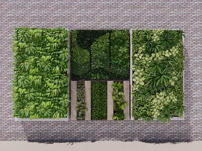 Green Wall With Varied Plant Sections And Brick Wall Backdrop Design 3d model