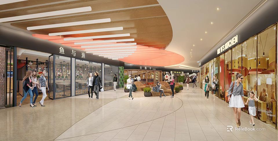 Busy Shopping Mall Atrium With People Walking Shops And Modern Ceiling Design 3d model 