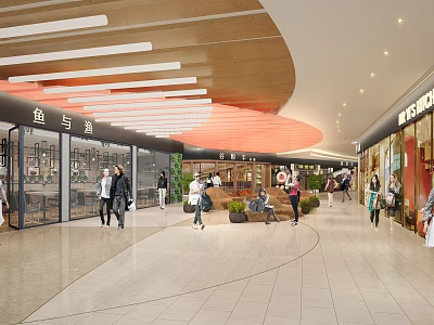 Busy Shopping Mall Atrium With People Walking Shops And Modern Ceiling Design 3d model