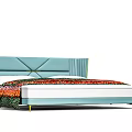 Modern Double Bed With Light Blue Upholstered Headboard Geometric Stitching Colorful Bedspread Gold Metal Legs