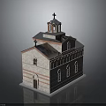 Traditional Church Building With Blue Roof Red And Beige Striped Brick Walls Crosses And Tower