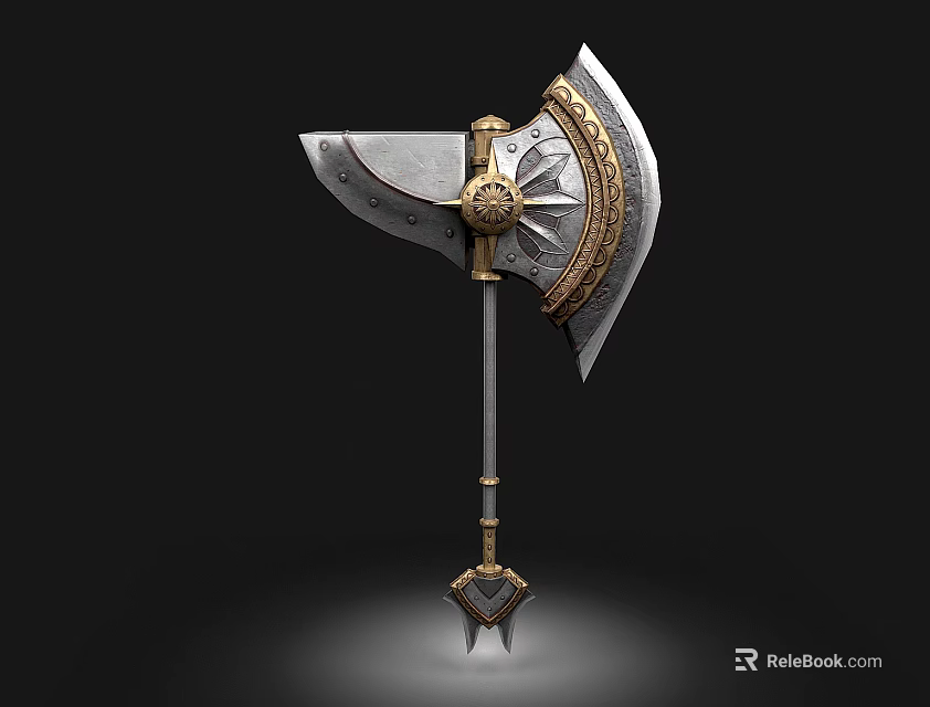 Ornate Battle Axe With Intricate Gold Silver Metal Decorative Design And Spiked Handle 3d model 
