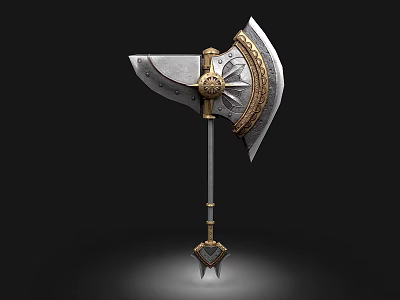 Ornate Battle Axe With Intricate Gold Silver Metal Decorative Design And Spiked Handle 3d model