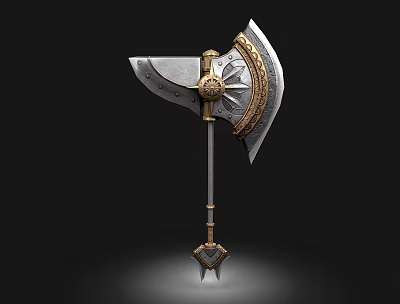 Ornate Battle Axe With Intricate Gold Silver Metal Decorative Design And Spiked Handle 3d model