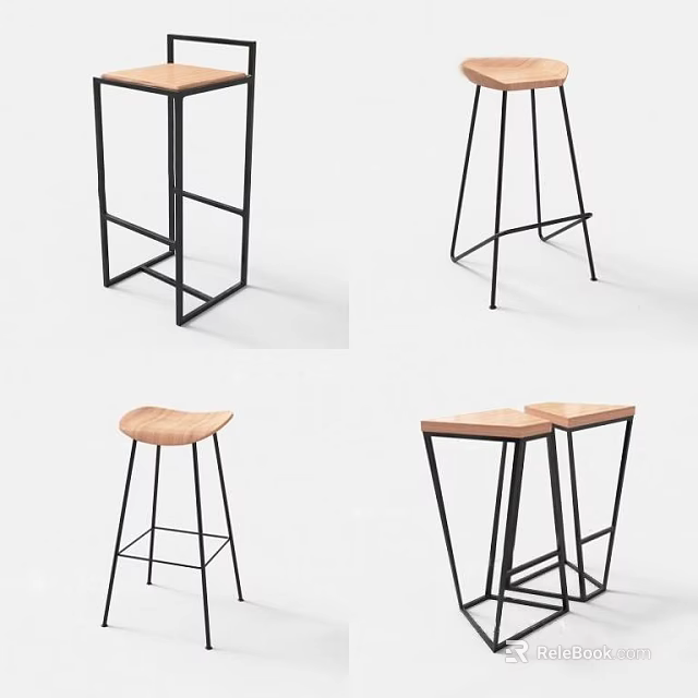 Modern Bar Stools With Sleek Metal Frames And Wooden Seats Design 3d model 