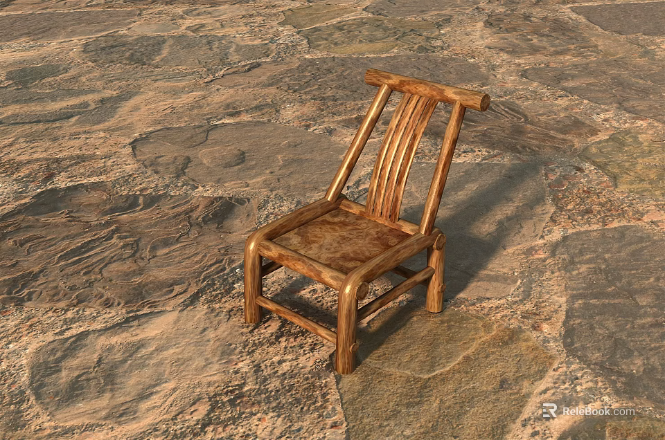 Natural Wooden Leisure Chair With Slatted Back On Rustic Stone Floor 3d model 